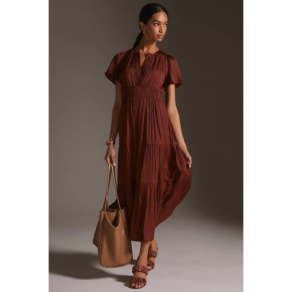 Anthropologie Somerset Rust Brown Pleated Tiered Maxi Dress Smocked Waist Size M